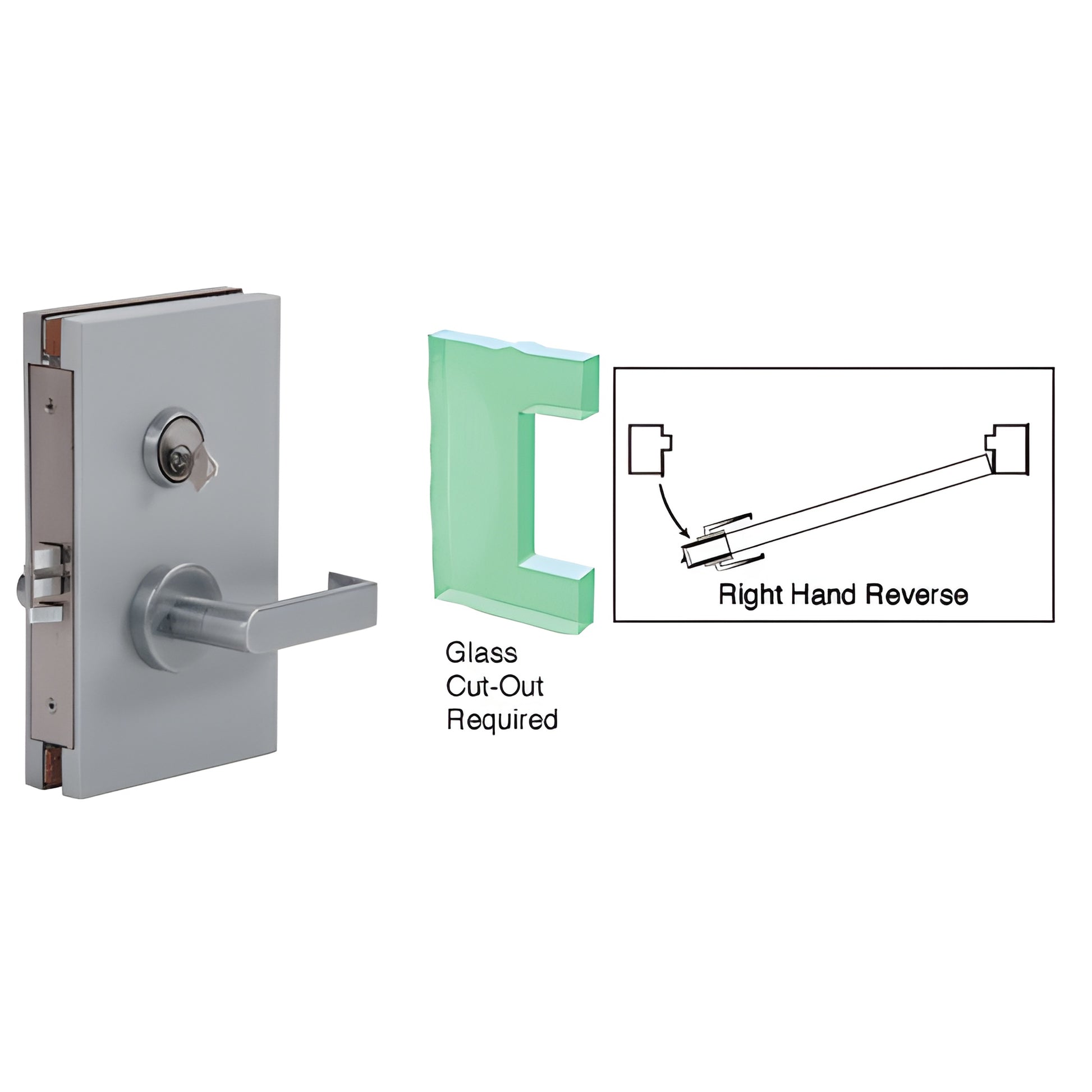 DL611RMBS brushed stainless center lock with lever, 6"x10" for 1/2" tempered glass - right-hand reverse shown