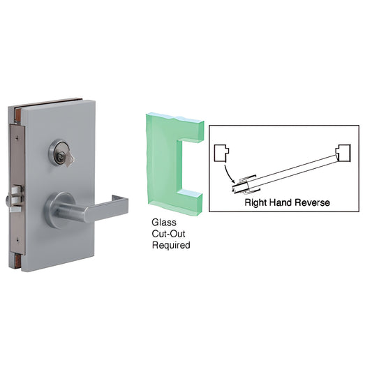 DL611RMBS brushed stainless center lock with lever, 6"x10" for 1/2" tempered glass - right-hand reverse shown
