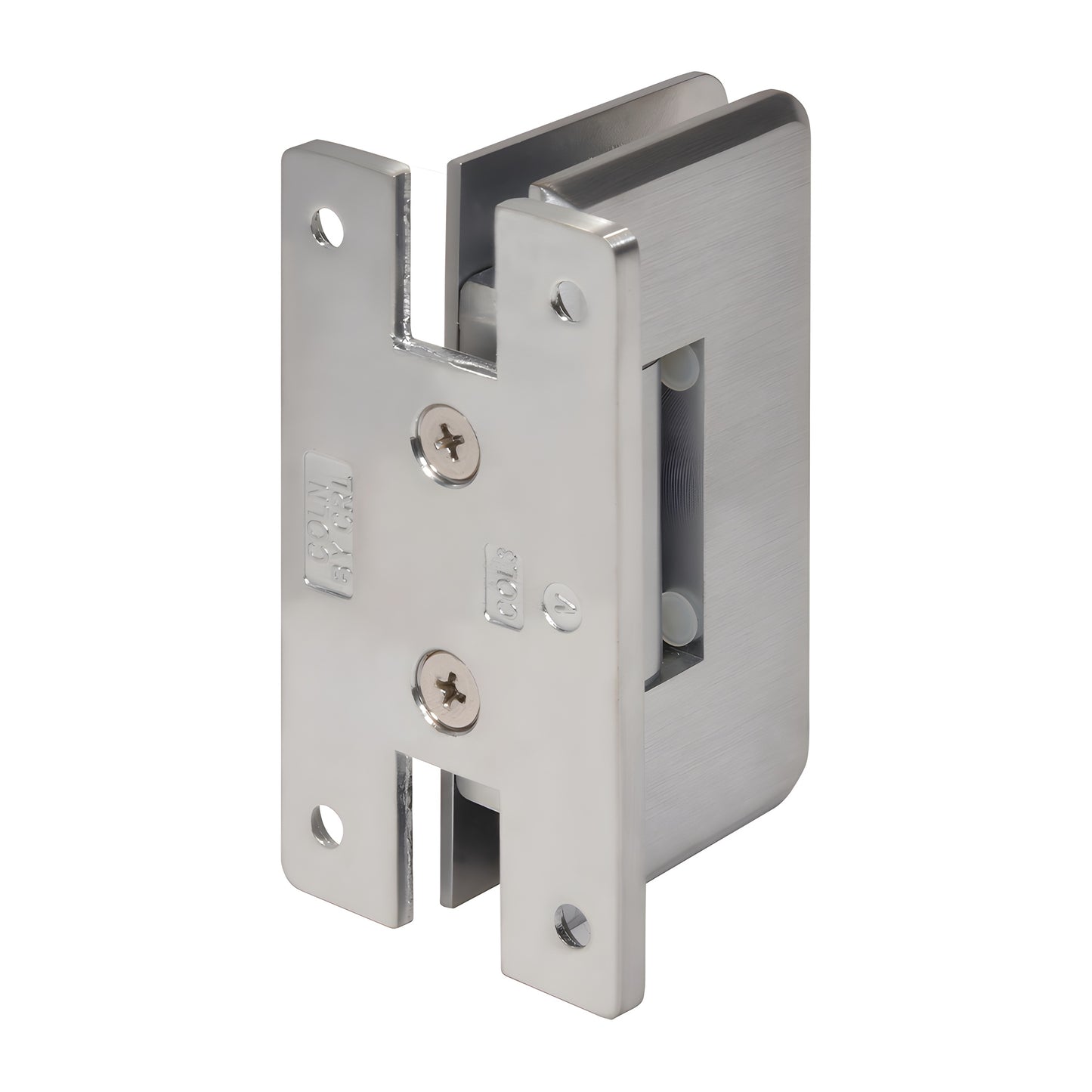 Brushed chrome adjustable shower hinge for 3/8-1/2 in glass, wall mount. SKU C0L337BCH