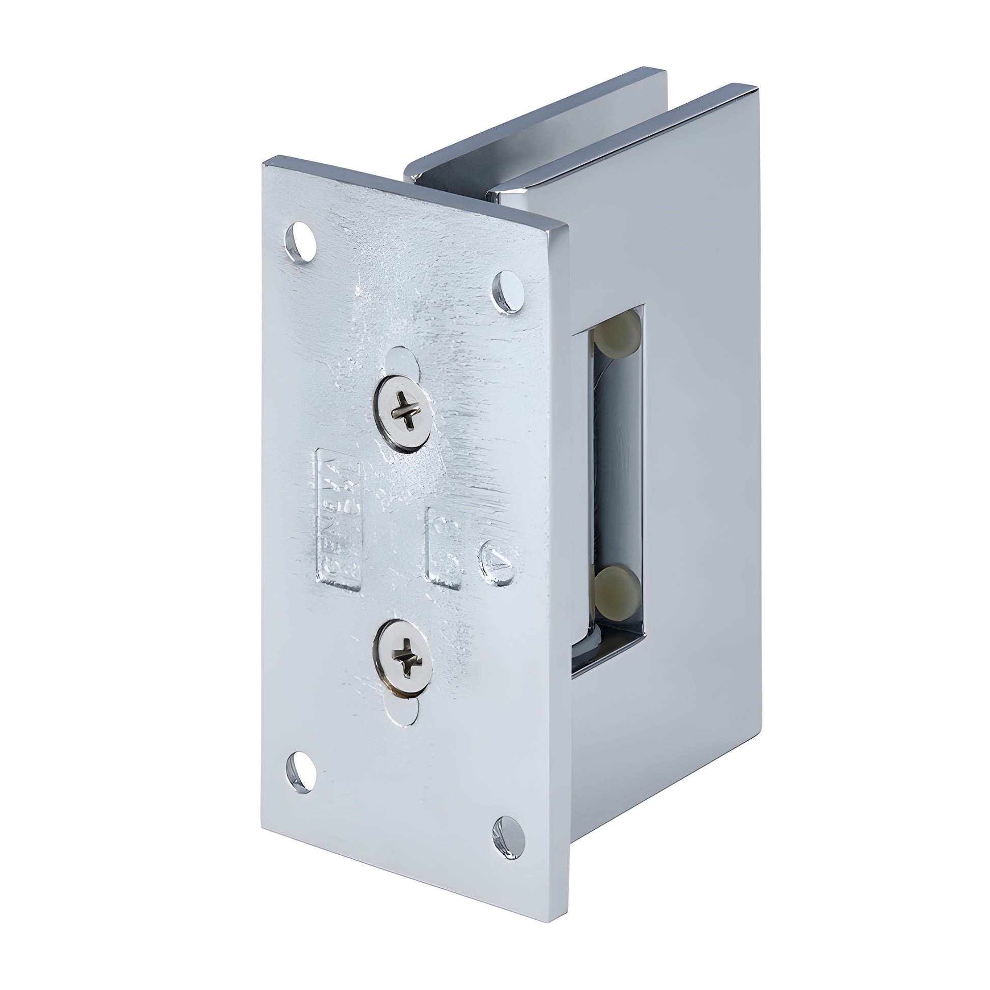 GEN537CH polished chrome brass shower hinge for 8-12mm tempered glass, wall-mount, self-centering, square edge.