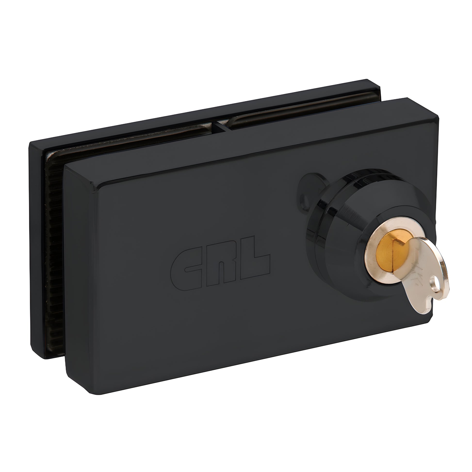 Matte black CRL slip-on patch lock (SKU 01P12MBL) for 1/2 in tempered glass doors, cylinder lock with key visible.
