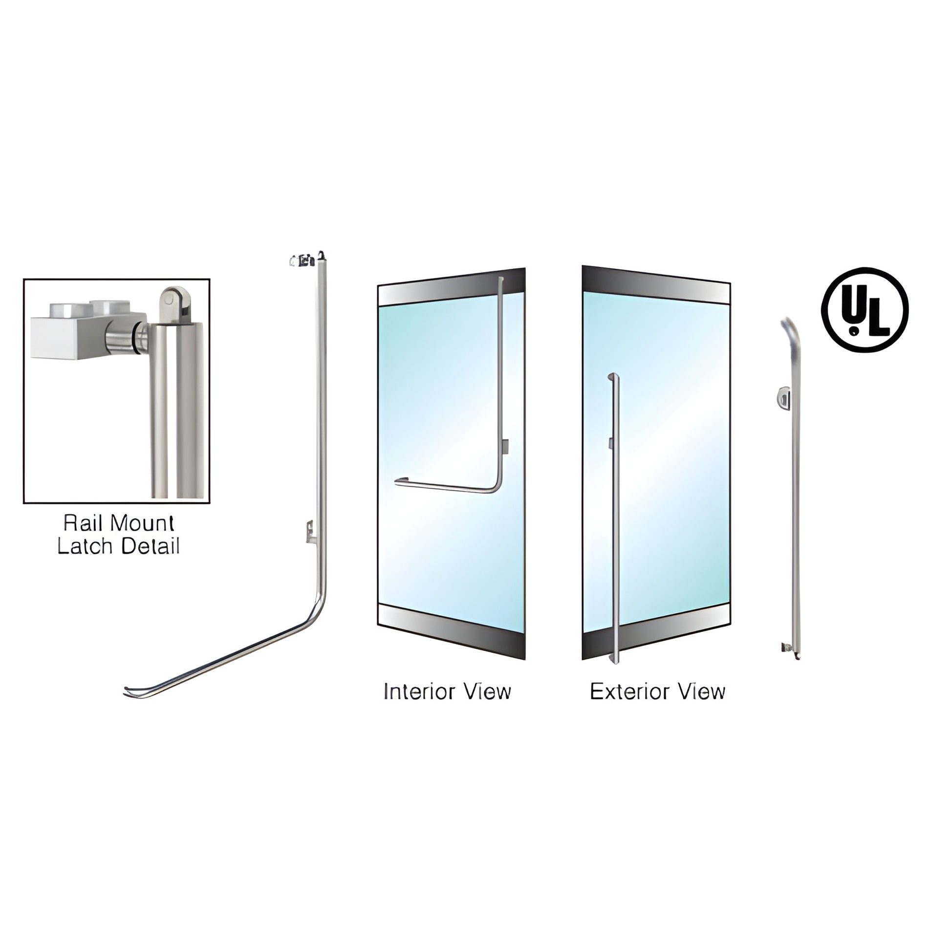 PA100M3RKBS brushed stainless steel rail-mount panic handle for 1/2" or 3/4" tempered glass doors