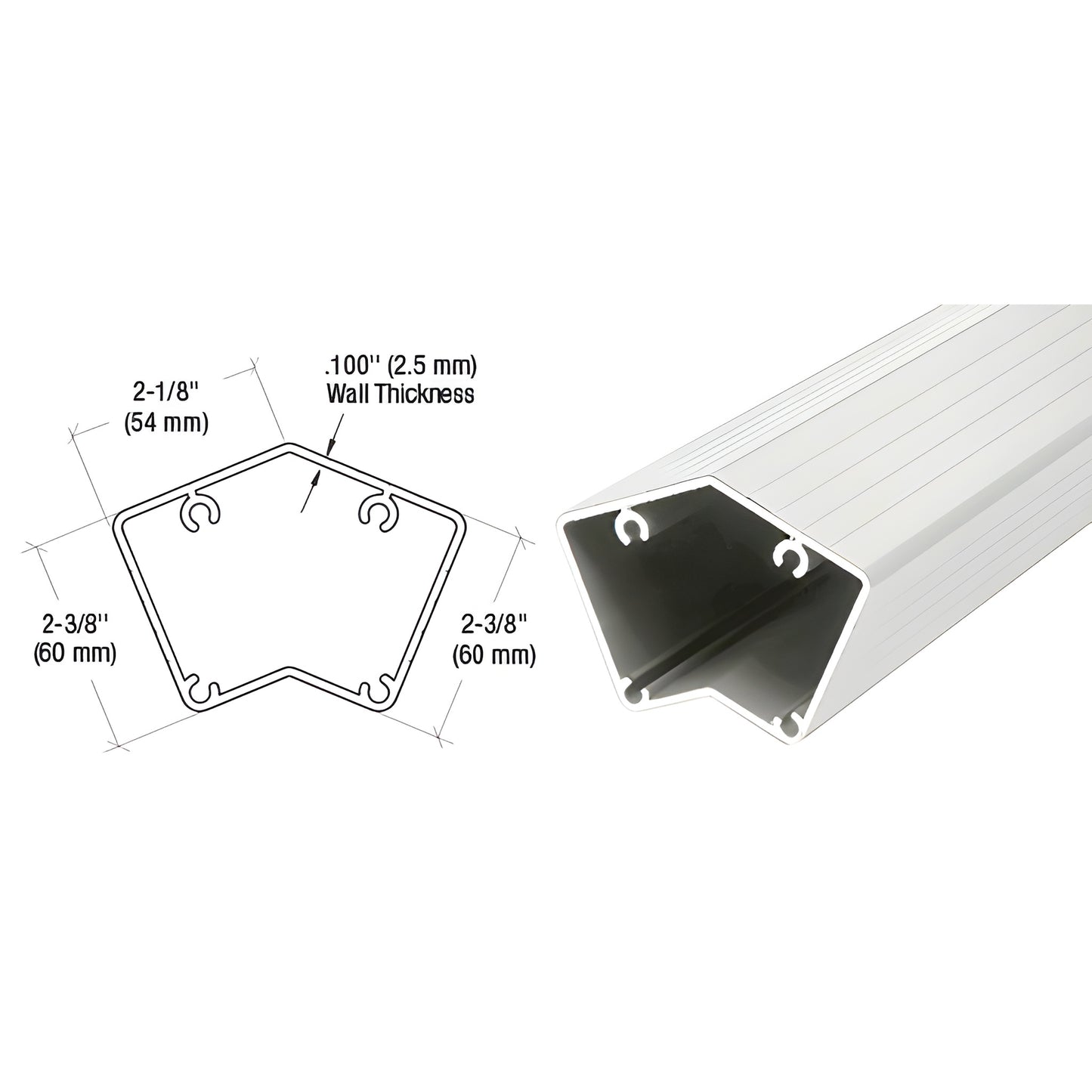 CRL 135 Sky White aluminum fascia post, 6005-T5, cross-section diagram and angled product view - SKU 1FP548W