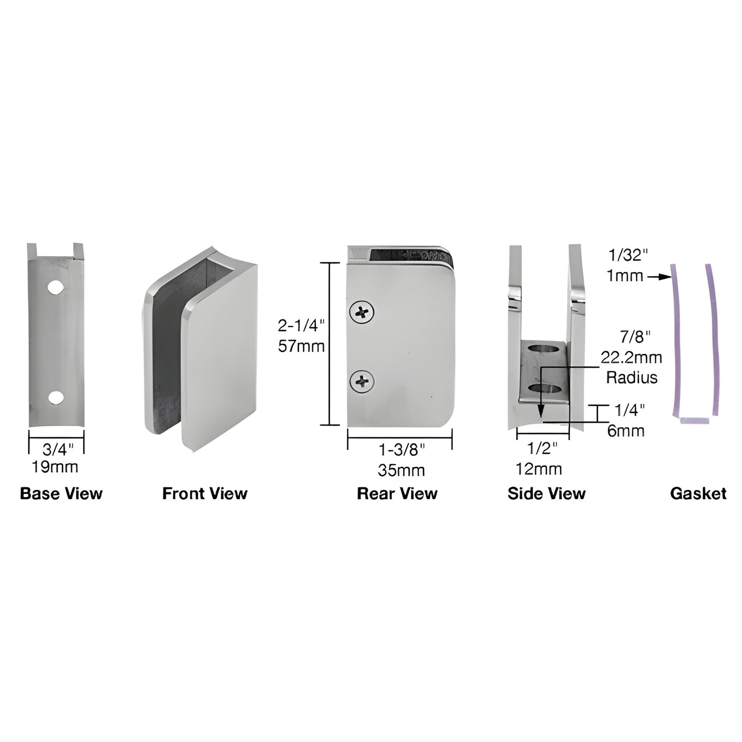 SA87BS brushed stainless steel radius glass clip for round posts, quick-release, fits 3/8" glass and 1-1/2"-2" tubing
