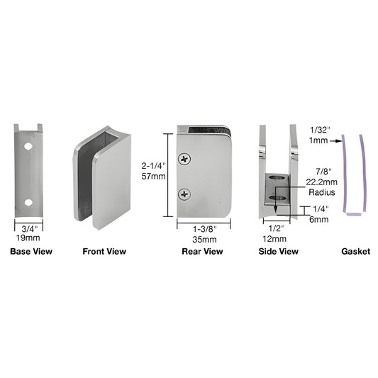 SA87BS brushed stainless steel radius glass clip for round posts, quick-release, fits 3/8" glass and 1-1/2"-2" tubing