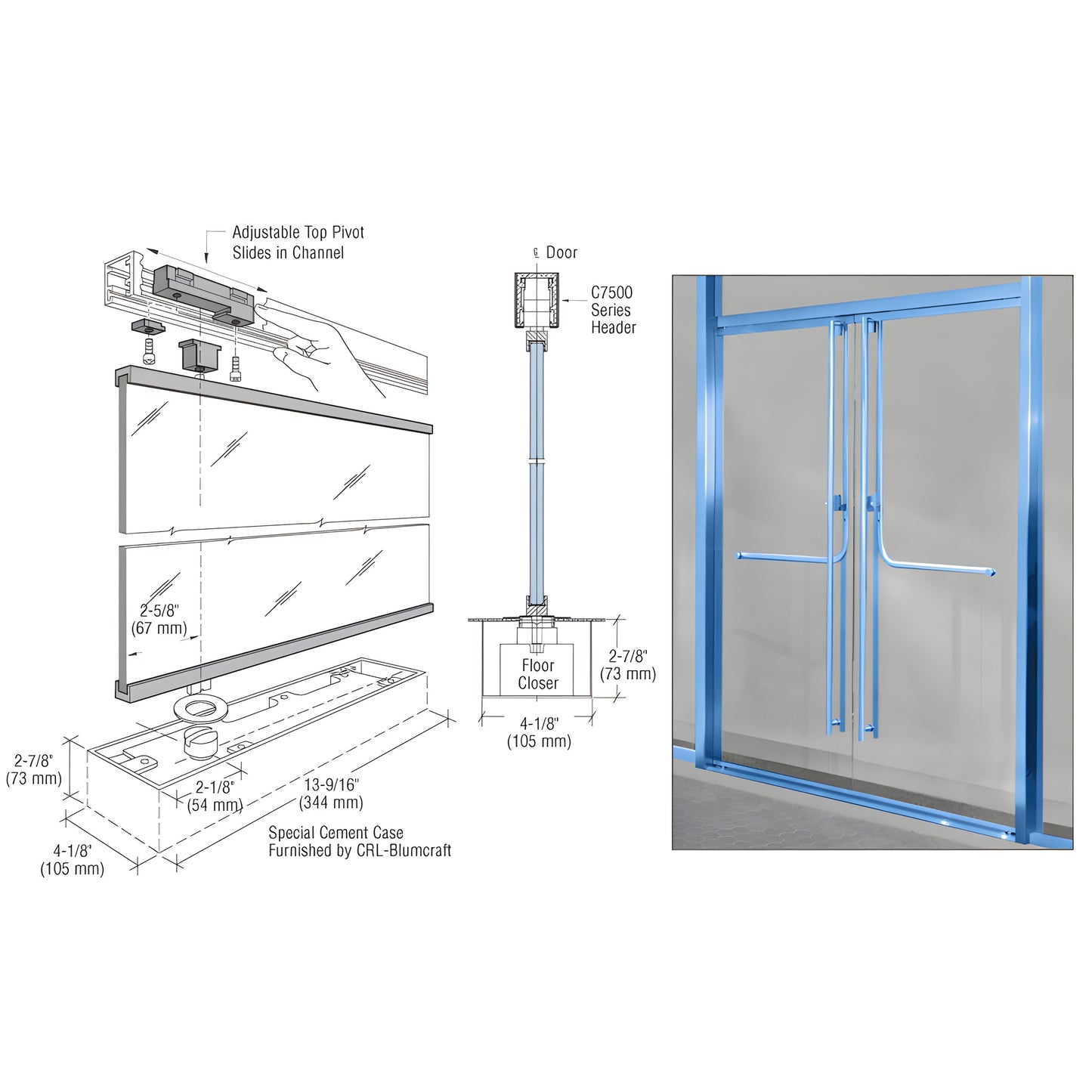 CRL-Blumcraft 1301 entrance door (SKU 13H12PT) frameless high-vision tempered glass double door with slim metal rails