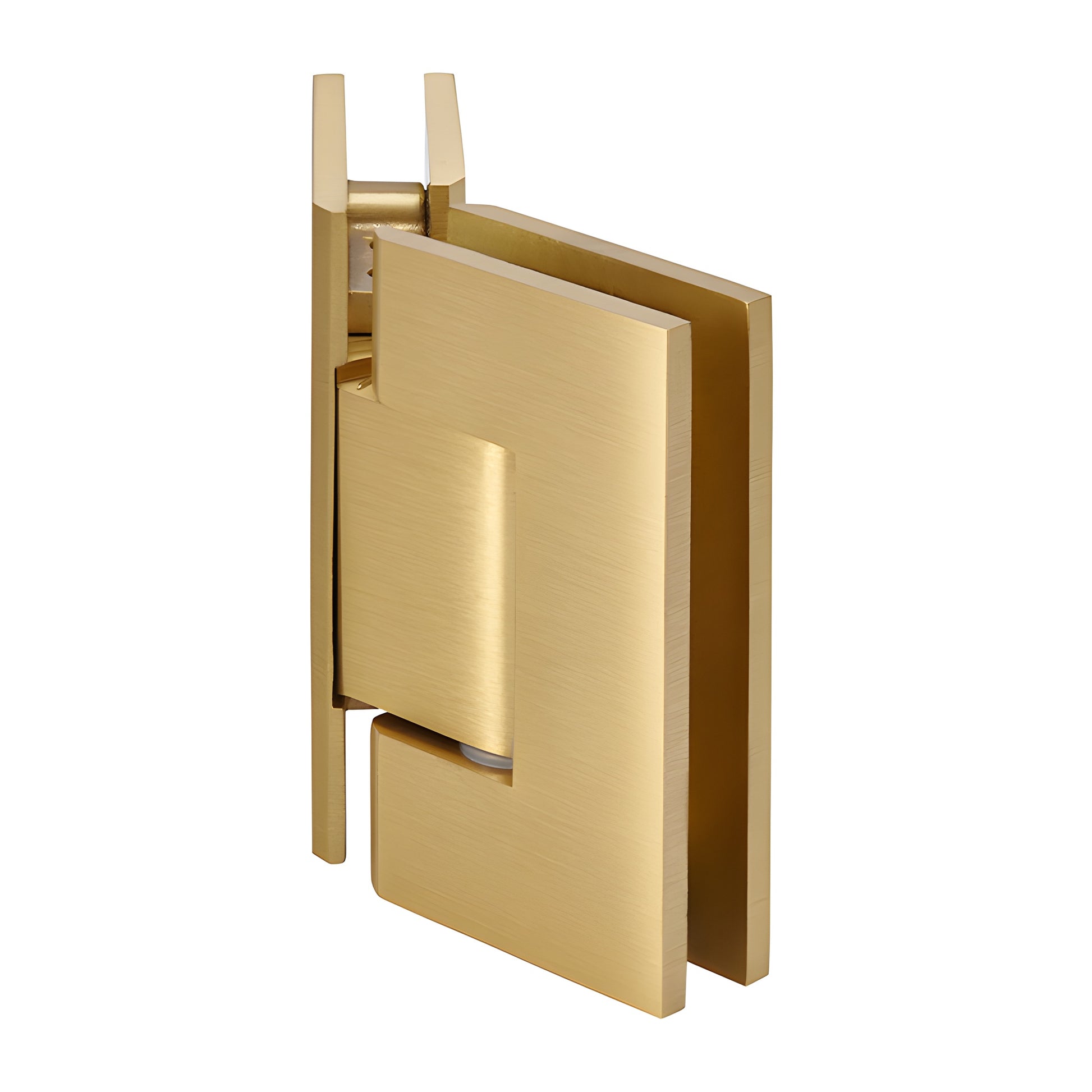 Satin brass square glass-to-glass shower hinge, self-centering Geneva series (fits 8-12mm glass)