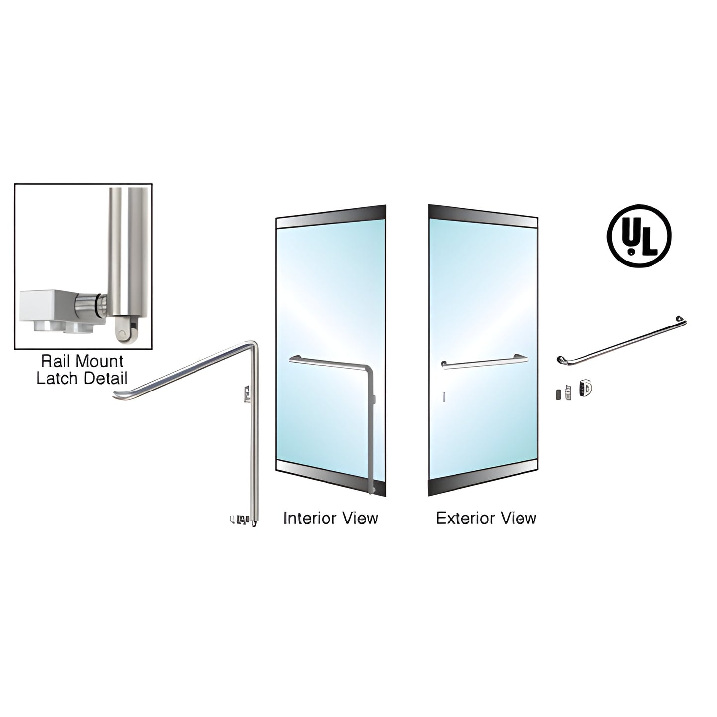 PA110A3LKBS brushed stainless tubular panic handle, low-profile rail mount for 1/2 in. glass, 1-1/4 in. dia, right-hand rever