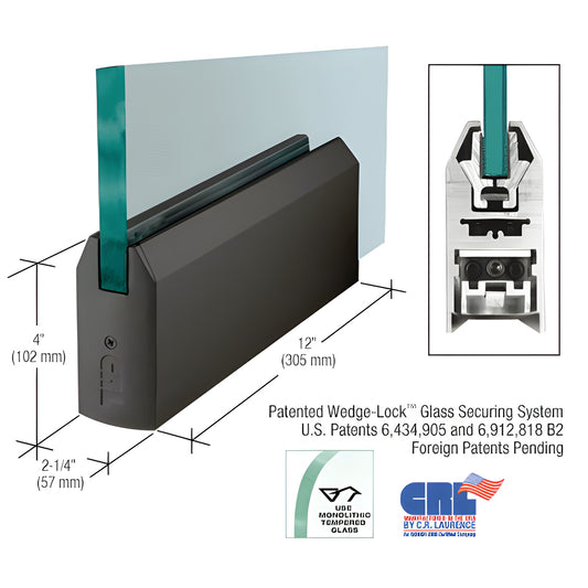 Gloss black 12" tapered aluminum door rail for 5/8" tempered glass, 4" high, Wedge-Lock glass securing system.