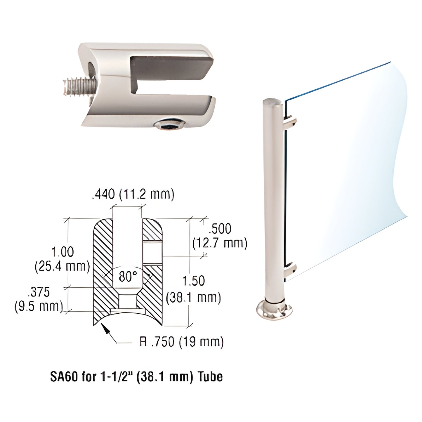 SA60PS polished stainless steel fixed glass fitting for 1" or 11 2" round posts; clamps 1/4-3/8" (6-10mm) tempered glass.