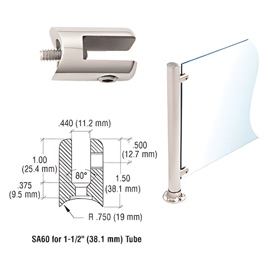 SA60PS polished stainless steel fixed glass fitting for 1" or 11 2" round posts; clamps 1/4-3/8" (6-10mm) tempered glass.