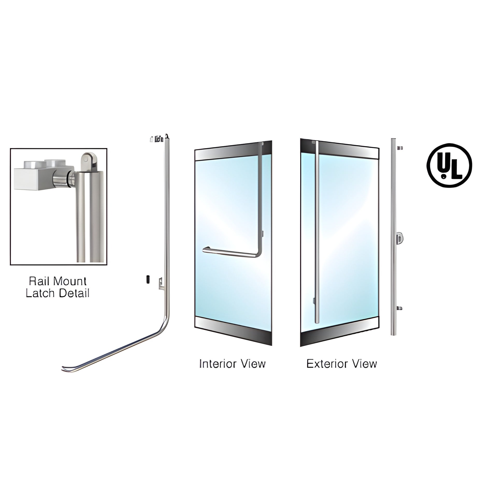 Brushed stainless tubular rail-mount glass door handle, fits 1/2" or 3/4" glass; right-hand reverse, exterior cylinder.