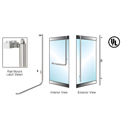 Brushed stainless tubular rail-mount glass door handle, fits 1/2" or 3/4" glass; right-hand reverse, exterior cylinder.