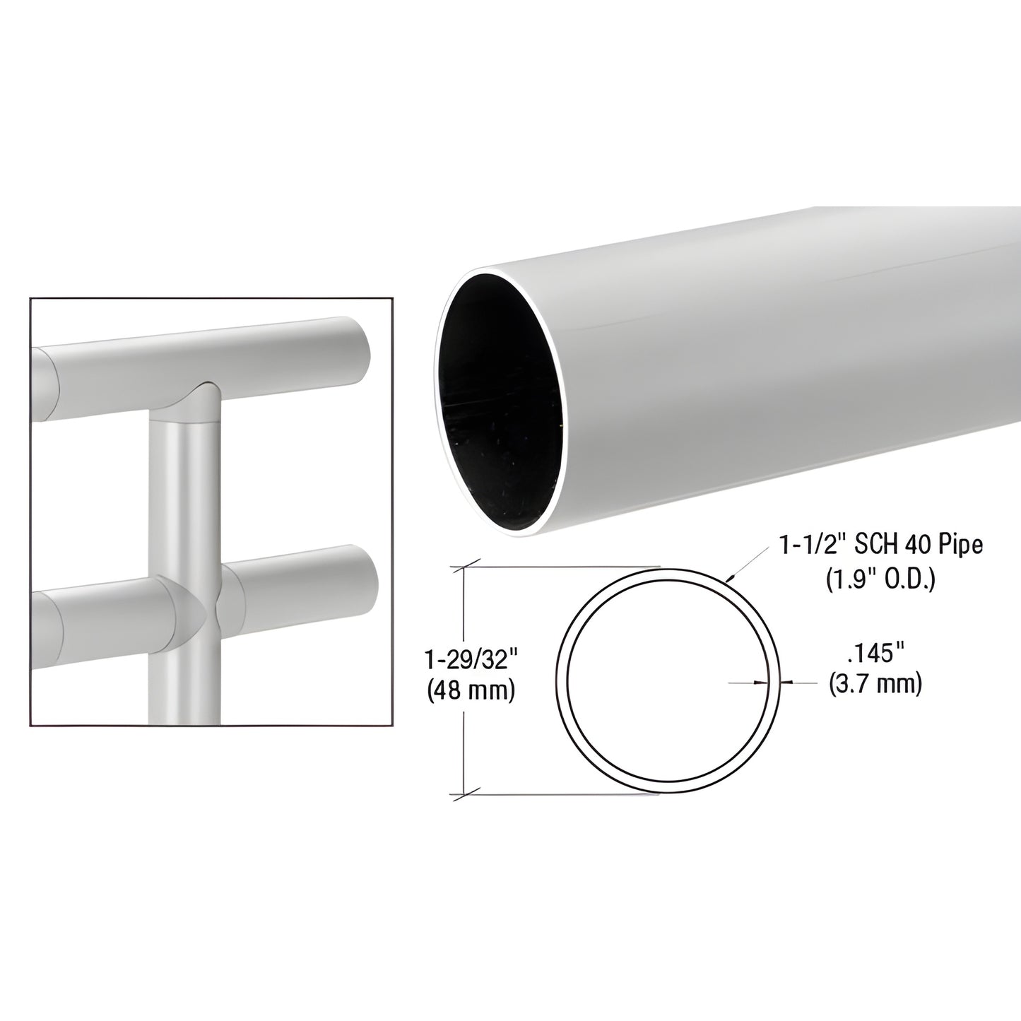 HR19SA satin-anodized 1.9 in aluminum handrail tubing, 48 mm OD, 0.145 in wall, shown cut end and railing application