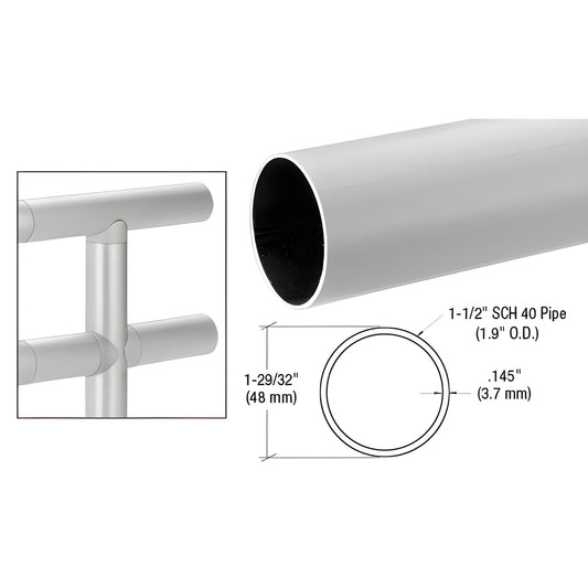 HR19SA satin-anodized 1.9 in aluminum handrail tubing, 48 mm OD, 0.145 in wall, shown cut end and railing application