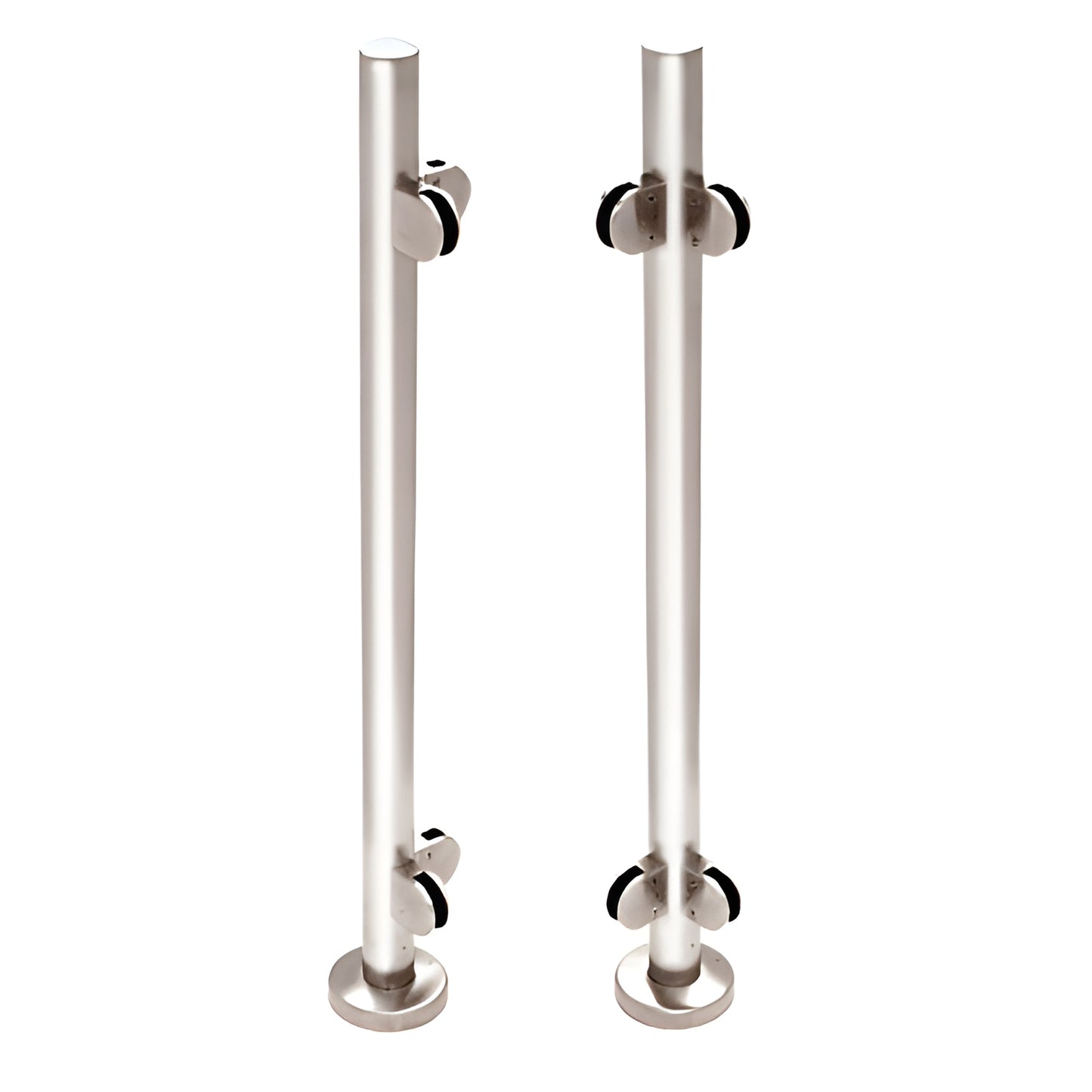 PR1540LPS polished stainless steel 1-1/2 in glass railing posts with base plates and glass clamps, pair shown.