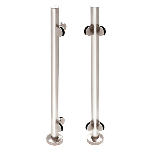 PR1540LPS polished stainless steel 1-1/2 in glass railing posts with base plates and glass clamps, pair shown.