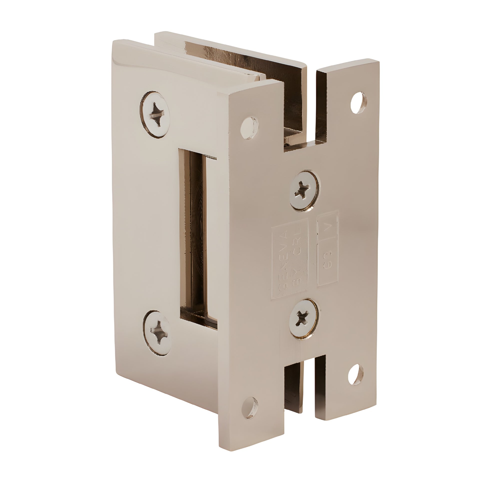 Polished nickel H-shaped Geneva wall-mount hinge for frameless glass doors, square profile (SKU GENH037PN)