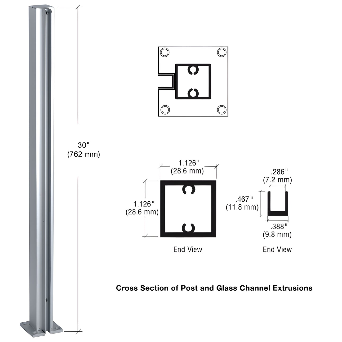 CRL Design Series 30 in satin anodized aluminum square partition end post with U channel for 1/4 glass - SKU D990A30E