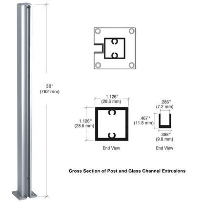 CRL Design Series 30 in satin anodized aluminum square partition end post with U channel for 1/4 glass - SKU D990A30E