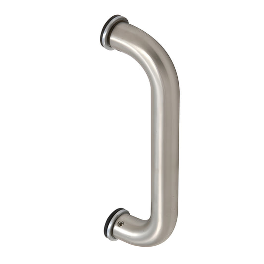Brushed stainless steel 1" door pull handle, 8" center-to-center (SKU CM8BS), tubular curved design.
