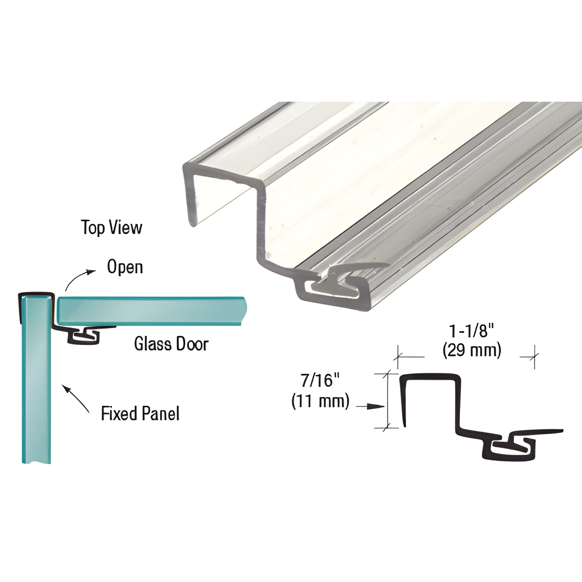 Clear U-shaped polycarbonate seal (P090SJ) for 90 glass-to-glass shower doors, includes clear vinyl insert.