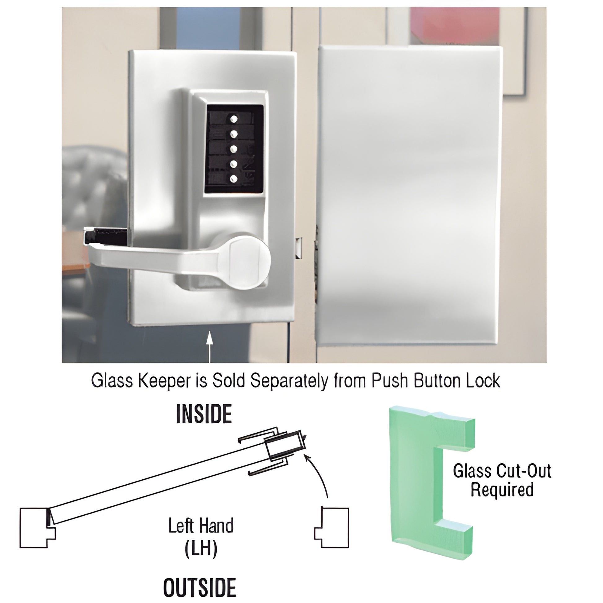 DL610LCSC satin anodized 6x10 push-button glass door lock, left-hand lever, five vertical buttons, no wiring, ADA-compliant