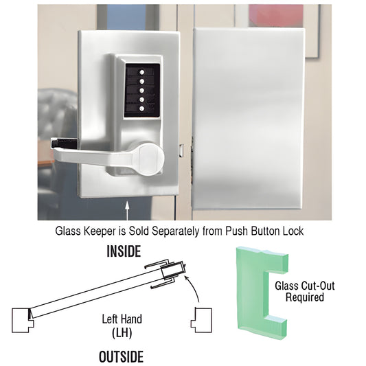 DL610LCSC satin anodized 6x10 push-button glass door lock, left-hand lever, five vertical buttons, no wiring, ADA-compliant
