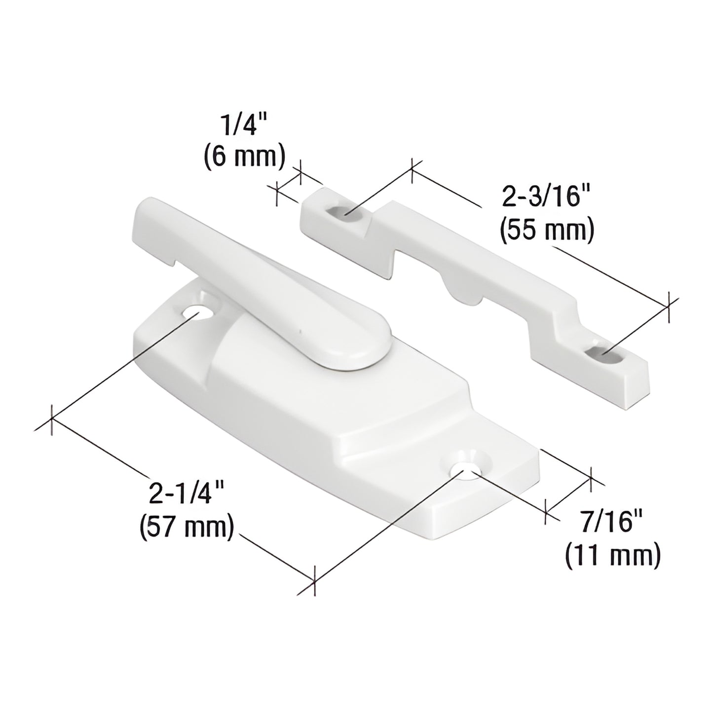 White diecast cam-action sash lock with keeper and screws, dimensions labeled - SKU F2768
