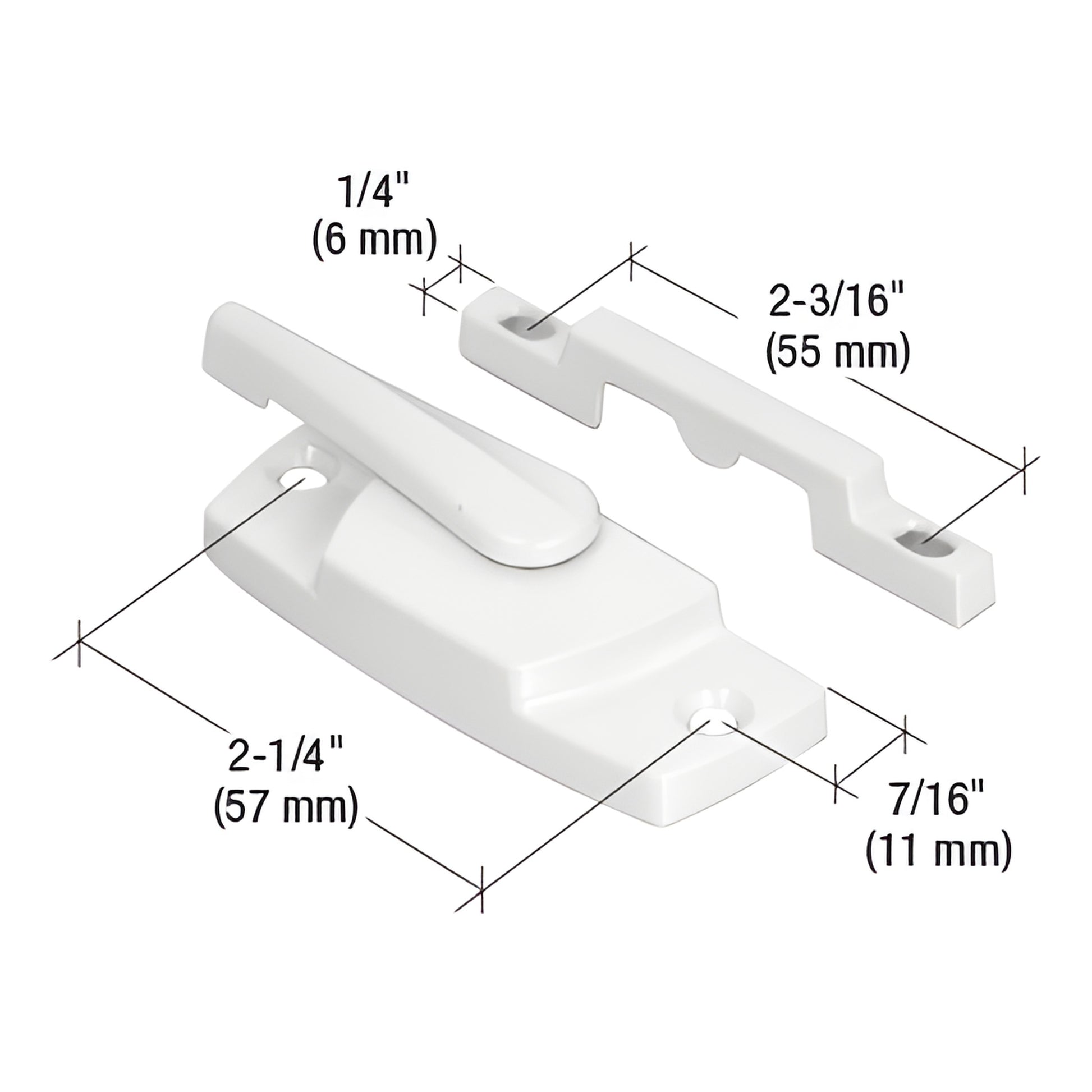 White diecast cam-action sash lock with keeper and screws, dimensions labeled - SKU F2768