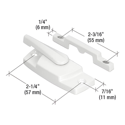 White diecast cam-action sash lock with keeper and screws, dimensions labeled - SKU F2768
