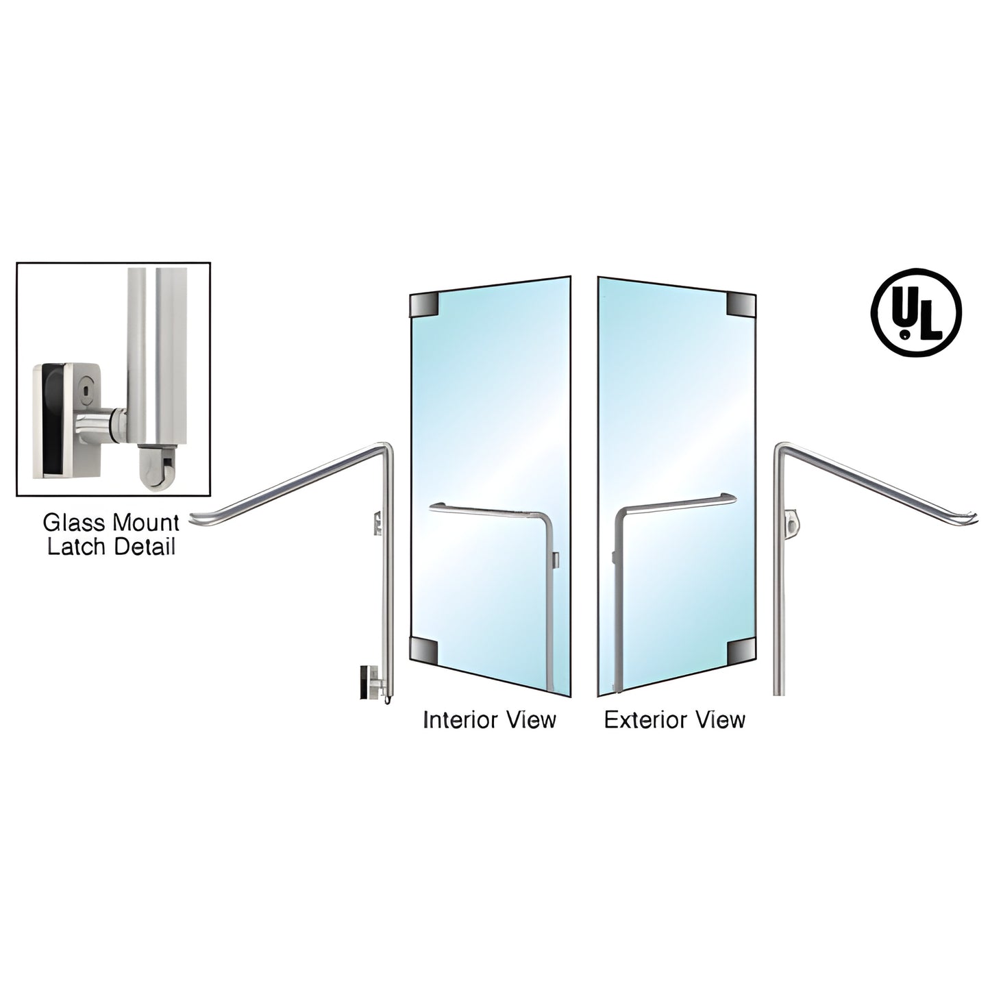 PA110C3GKBS brushed stainless tubular panic handle for 1/2 in glass doors, 1-1/4 in dia, right-hand reverse, keyed outside