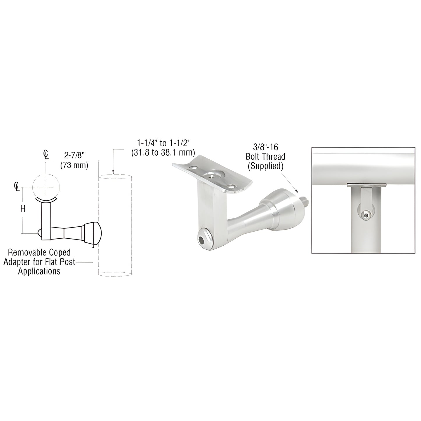 HR2SPSA satin anodized aluminum post-mounted handrail bracket, adjustable, fits 1.5-2" tubing and 1-1/4-1-1/2" posts