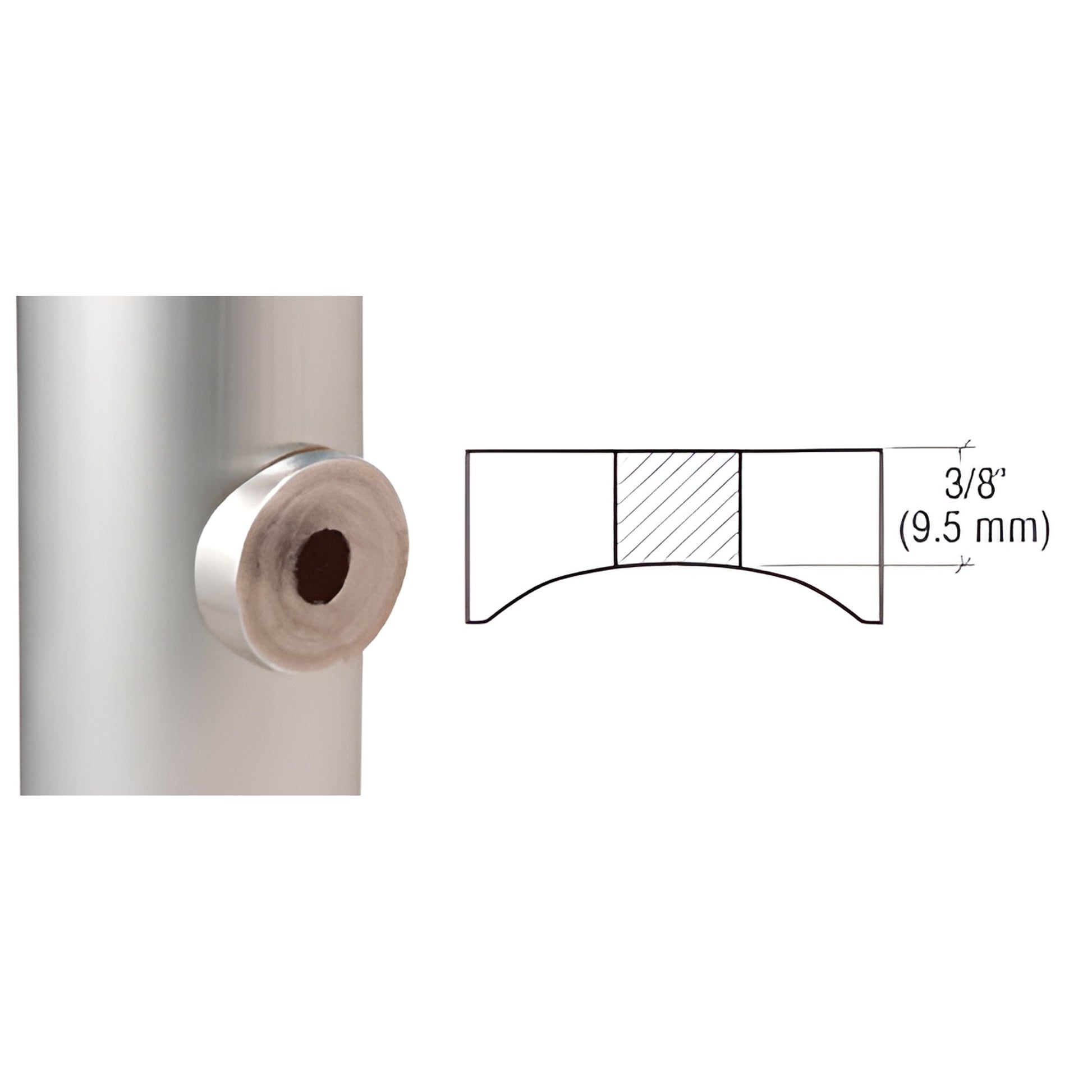 SPA02SS stainless post adapter, coped round-post fitting with 1/2" tapped hole for spider/stud glass mounting.