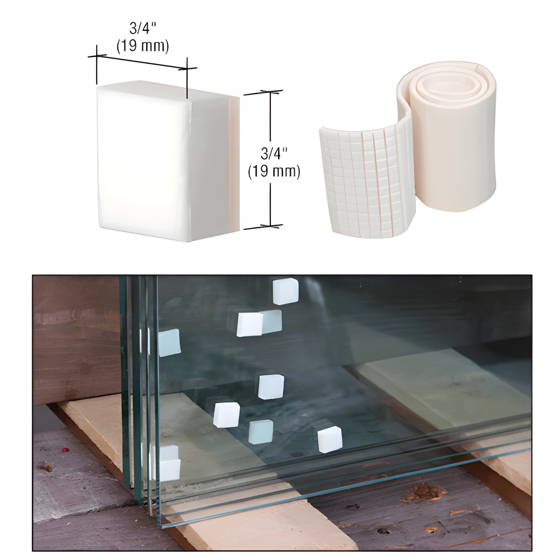 CRL NAP34 white 3/4 in foam non-adhesive shipping pads on roll and stuck to glass edges for protection