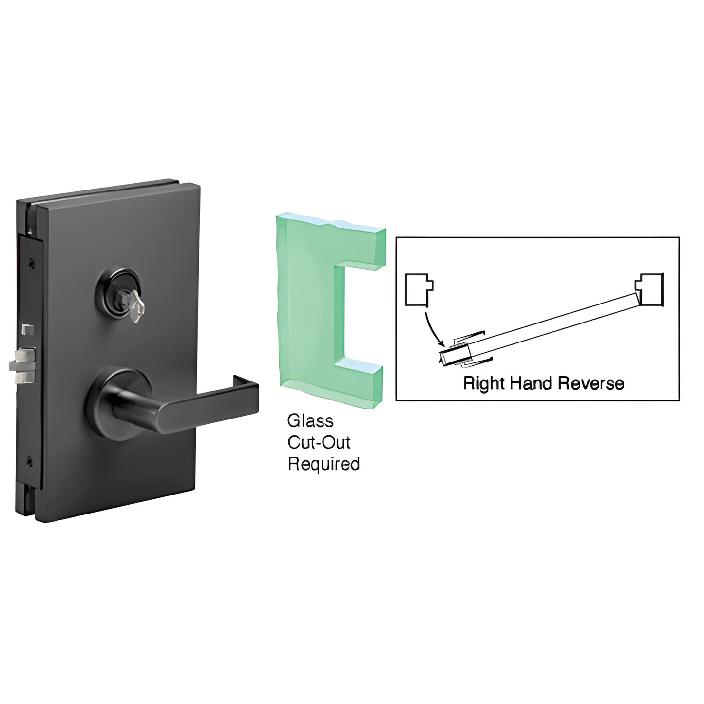 Matte black 6x10 center lock with lever and key for 1/2" glass, right-hand (SKU DL611RSMBL)