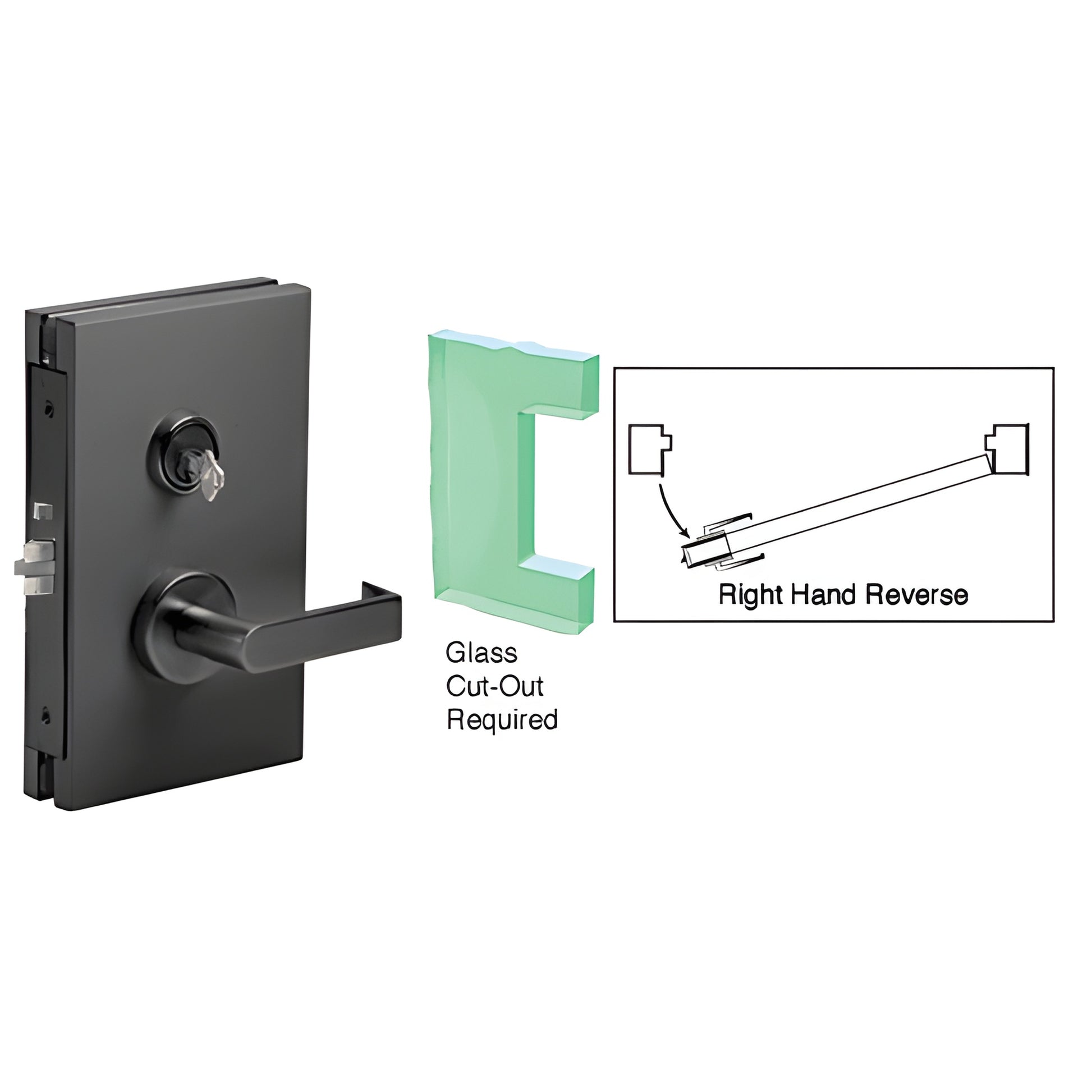 Matte black 6x10 center lock with lever and key for 1/2" glass, right-hand (SKU DL611RSMBL)