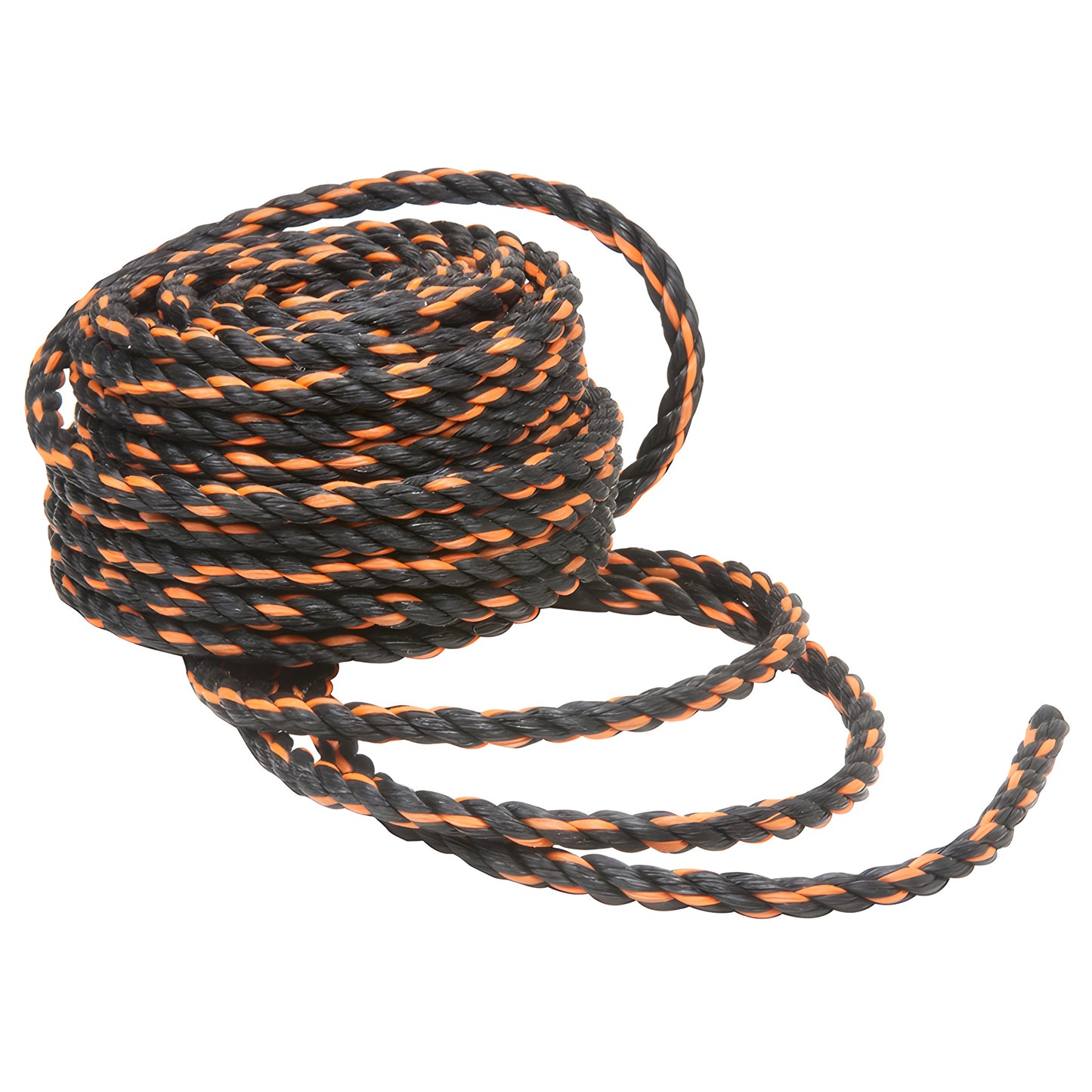 Coiled black-and-orange 1/2 in polypropylene truck rope, 50 ft, 630 lb working strength, SKU CTR1250