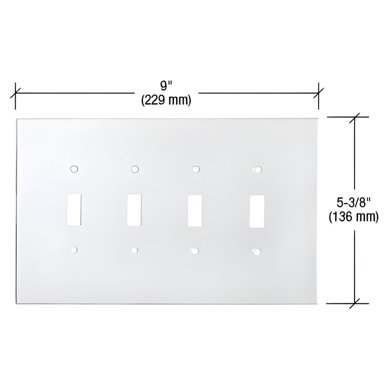 Clear mirror-backed acrylic quad toggle switch plate cover (PMP401), 9" x 5-3/8", polished edges, drilled screw holes.