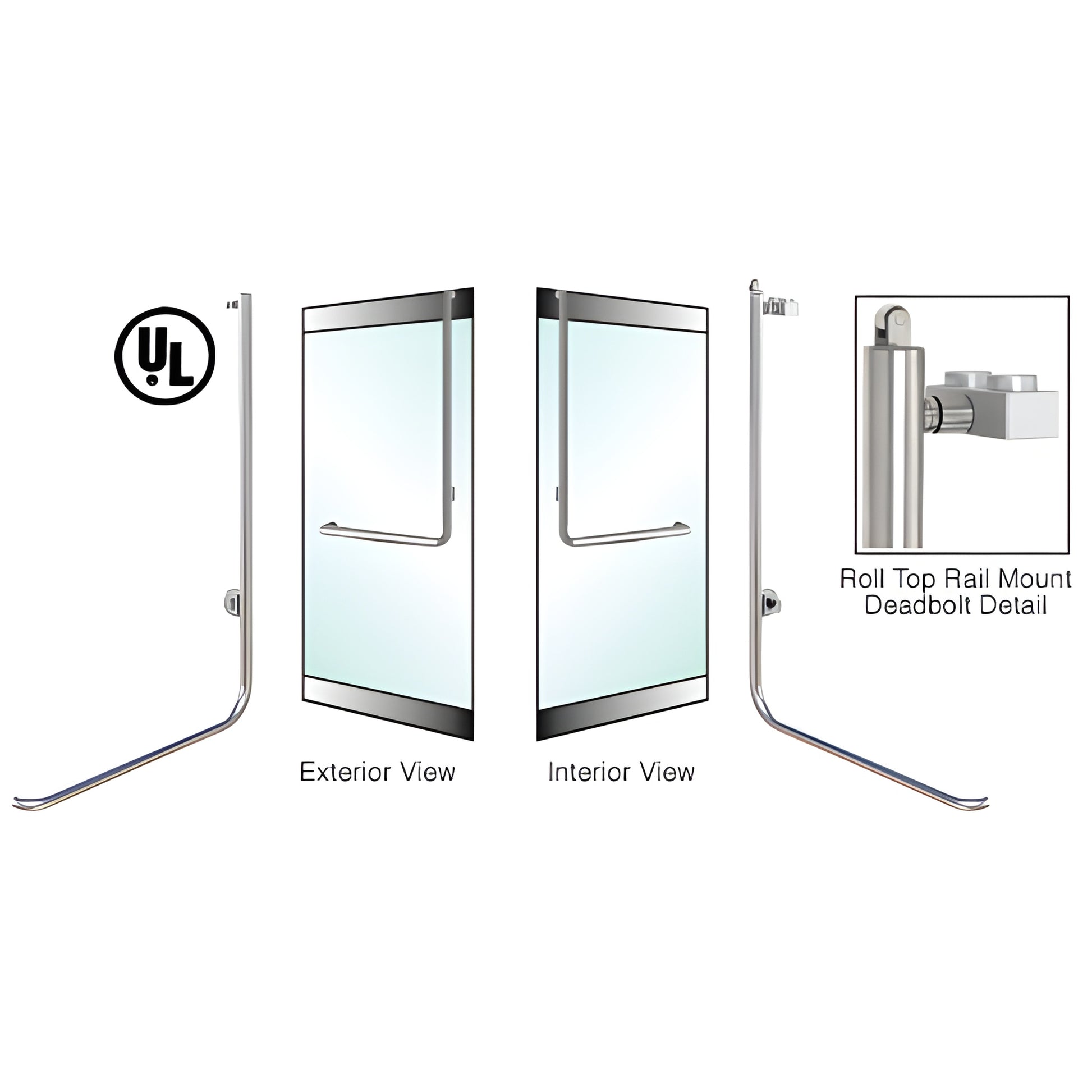 Polished stainless steel rail-mount deadbolt handle for exterior glass doors, top roller latch, left-hand reverse