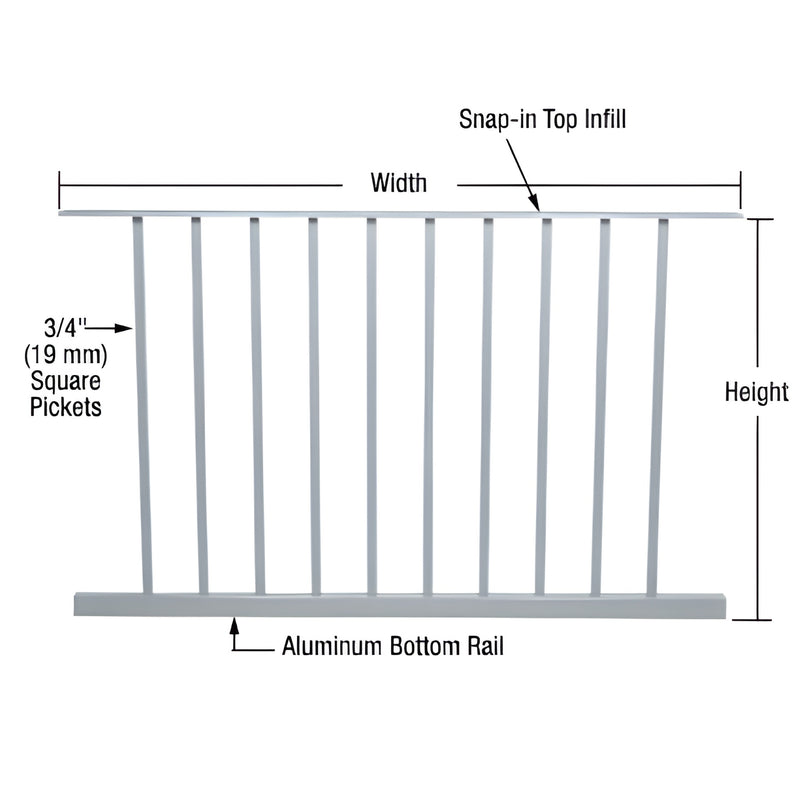 P4848M aluminum picket panel, mill finish, 10 square 3/4" pickets, snap-in top infill and aluminum bottom rail, 53-5/8" x 45-