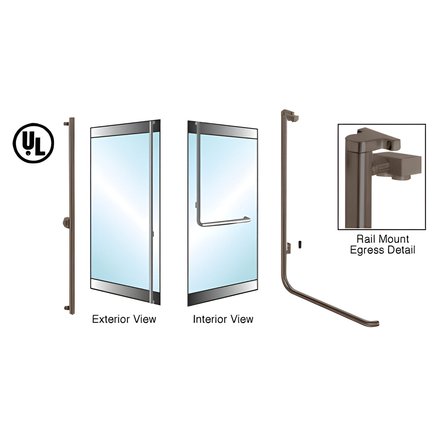 Oil-rubbed bronze CRL EG100 electronic egress rail-mount handle for 1/2" glass doors, 1-1/4" tubular interior push bar.
