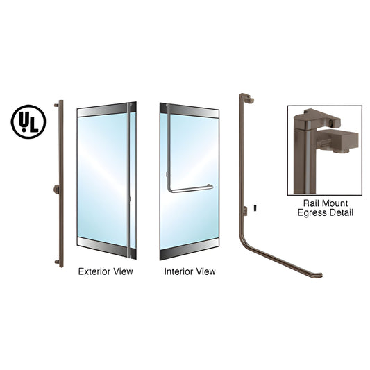 Oil-rubbed bronze CRL EG100 electronic egress rail-mount handle for 1/2" glass doors, 1-1/4" tubular interior push bar.