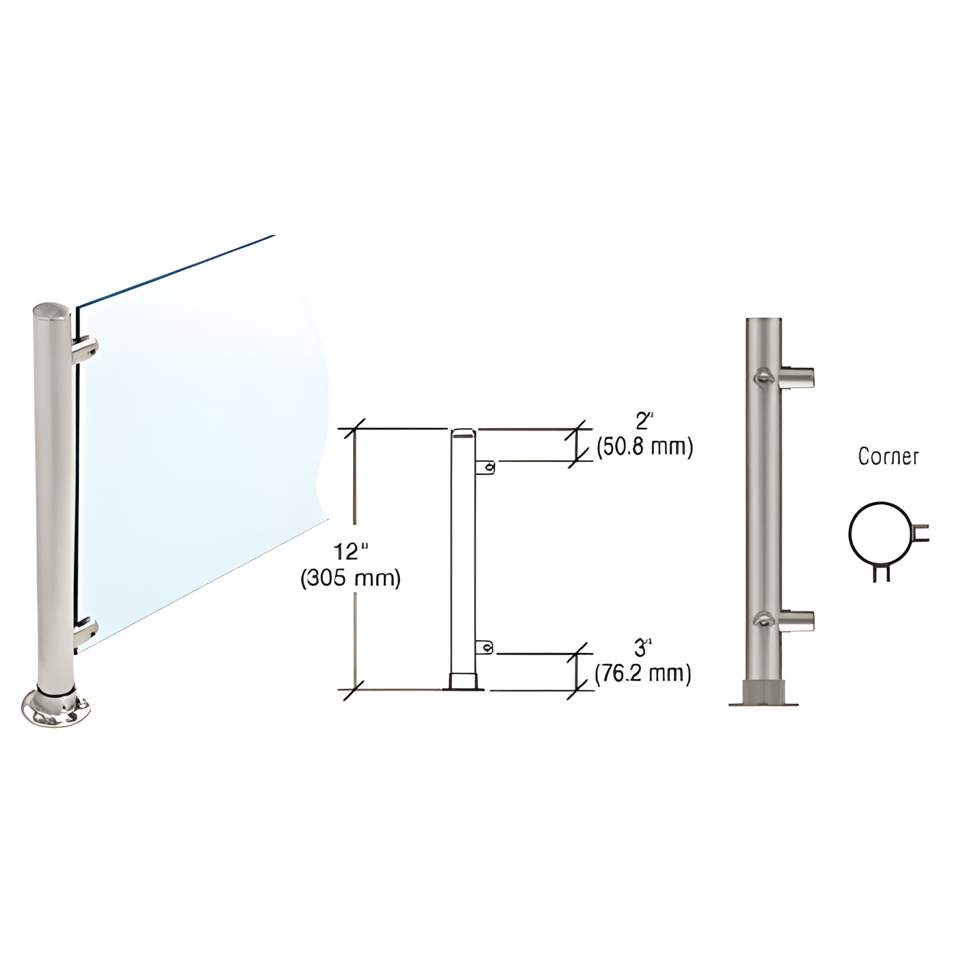 12" Slimline brushed stainless 90 corner partition post (SKU PP55LBS) with round adhesive flange, fits 3/8" glass.