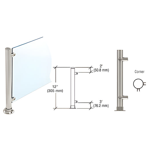 12" Slimline brushed stainless 90 corner partition post (SKU PP55LBS) with round adhesive flange, fits 3/8" glass.