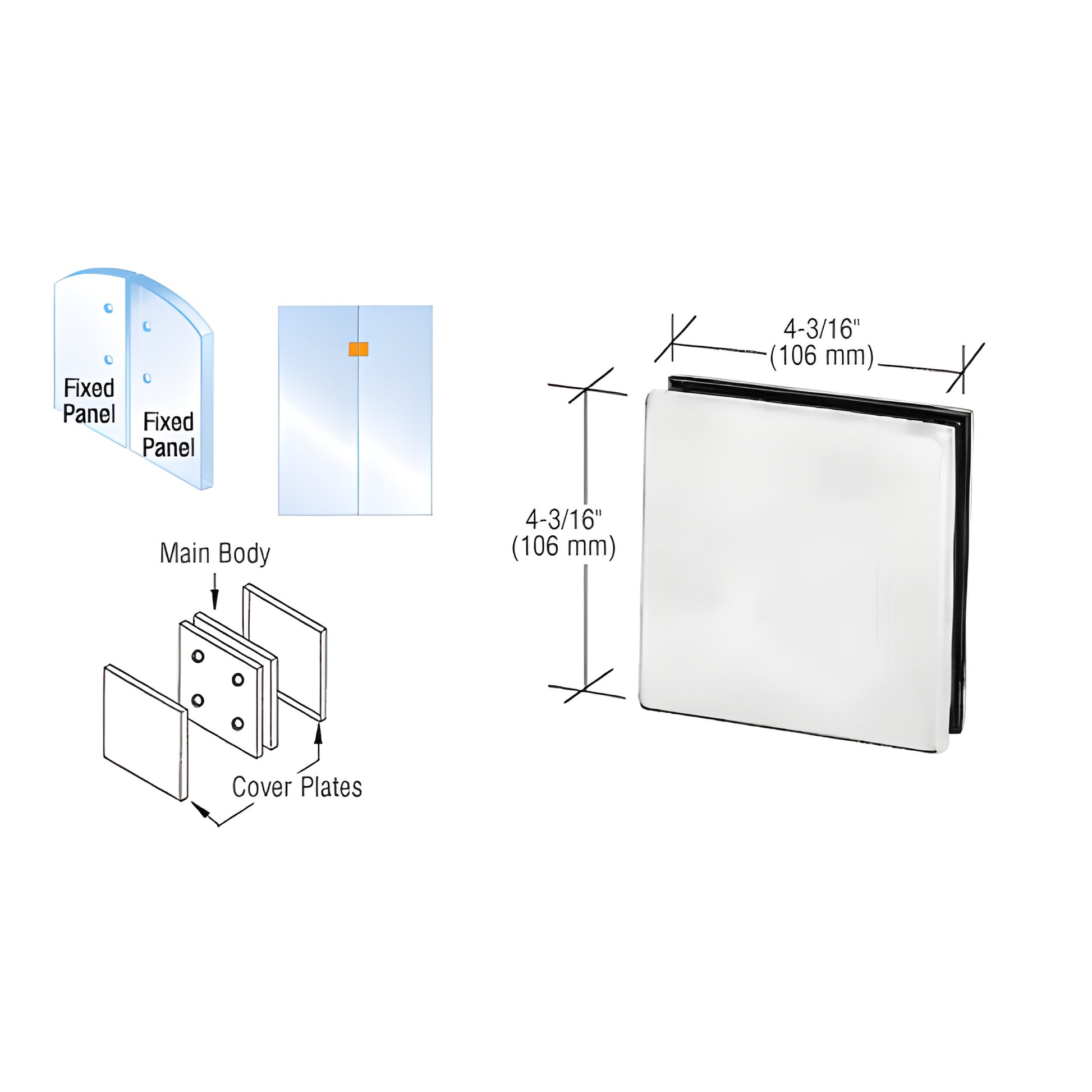 PH80BS brushed stainless steel square patch connector for two lite glass (3/8" or 1/2"), 4-3/16" (106 mm) square