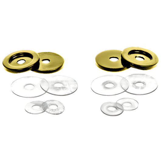 CRL 30WKSB satin brass metal end caps with clear plastic washers (29mm and 19mm), kit of multiple washers