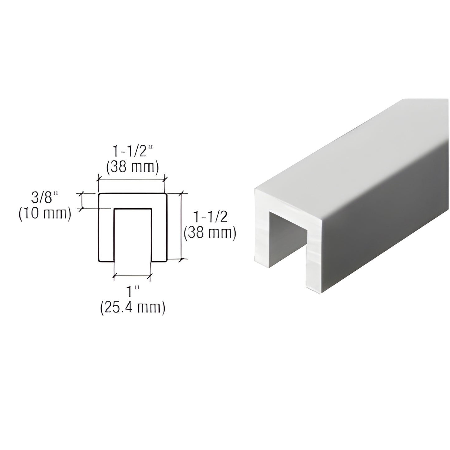 CRL 3243SA satin anodized aluminum U-shaped cap rail for 3/4 in (19 mm) tempered glass, 1-1/2 in wide, extruded 6063-T5