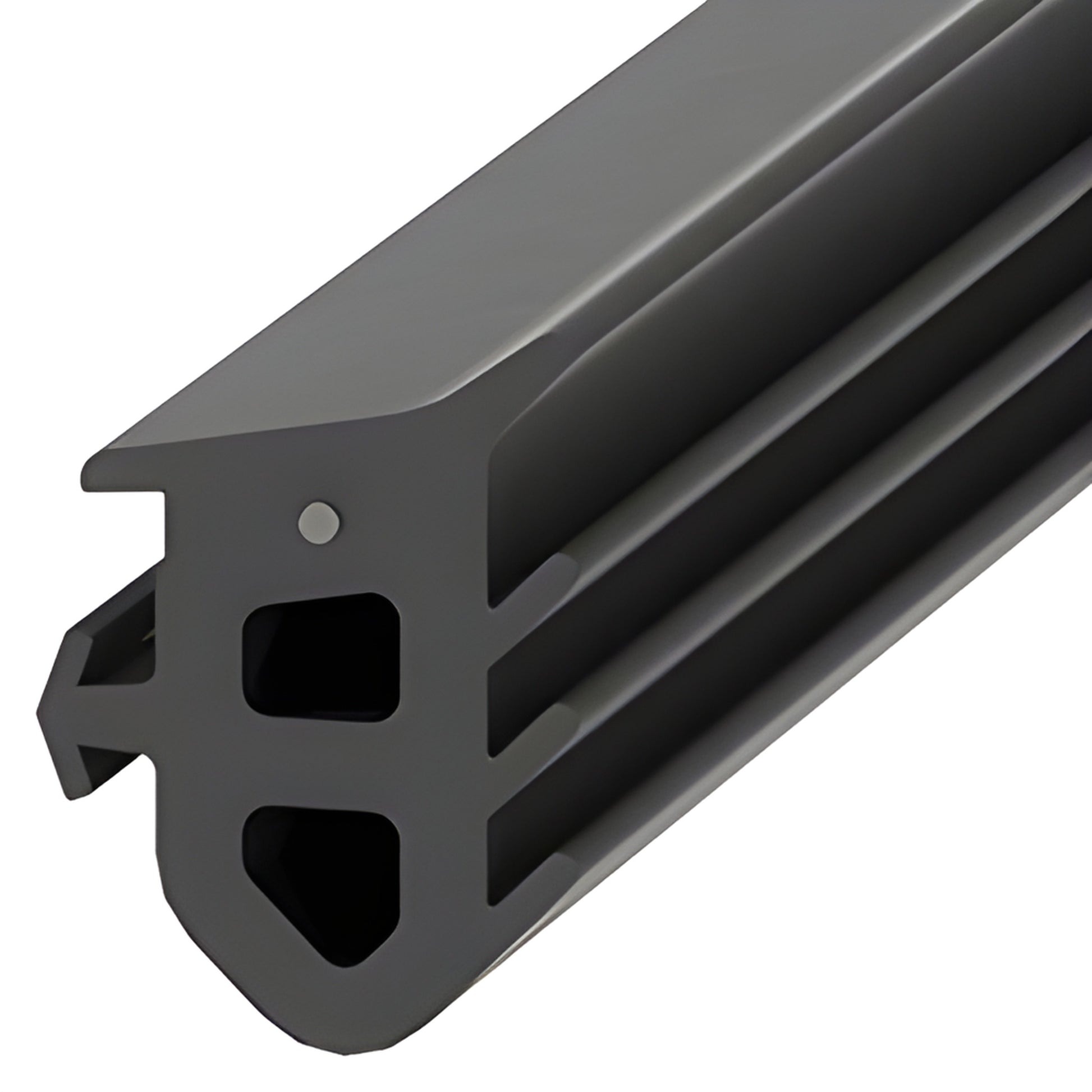 Black rubber safety seal profile for laminated tempered glass railings (SKU SLBSG1), installs in base shoe.