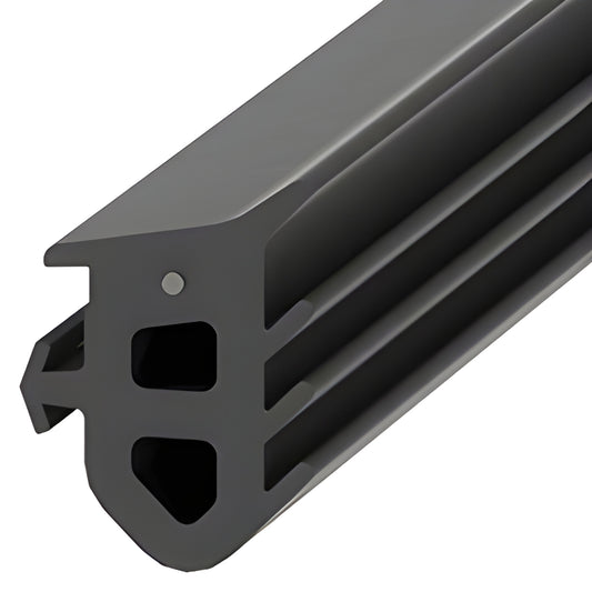 Black rubber safety seal profile for laminated tempered glass railings (SKU SLBSG1), installs in base shoe.